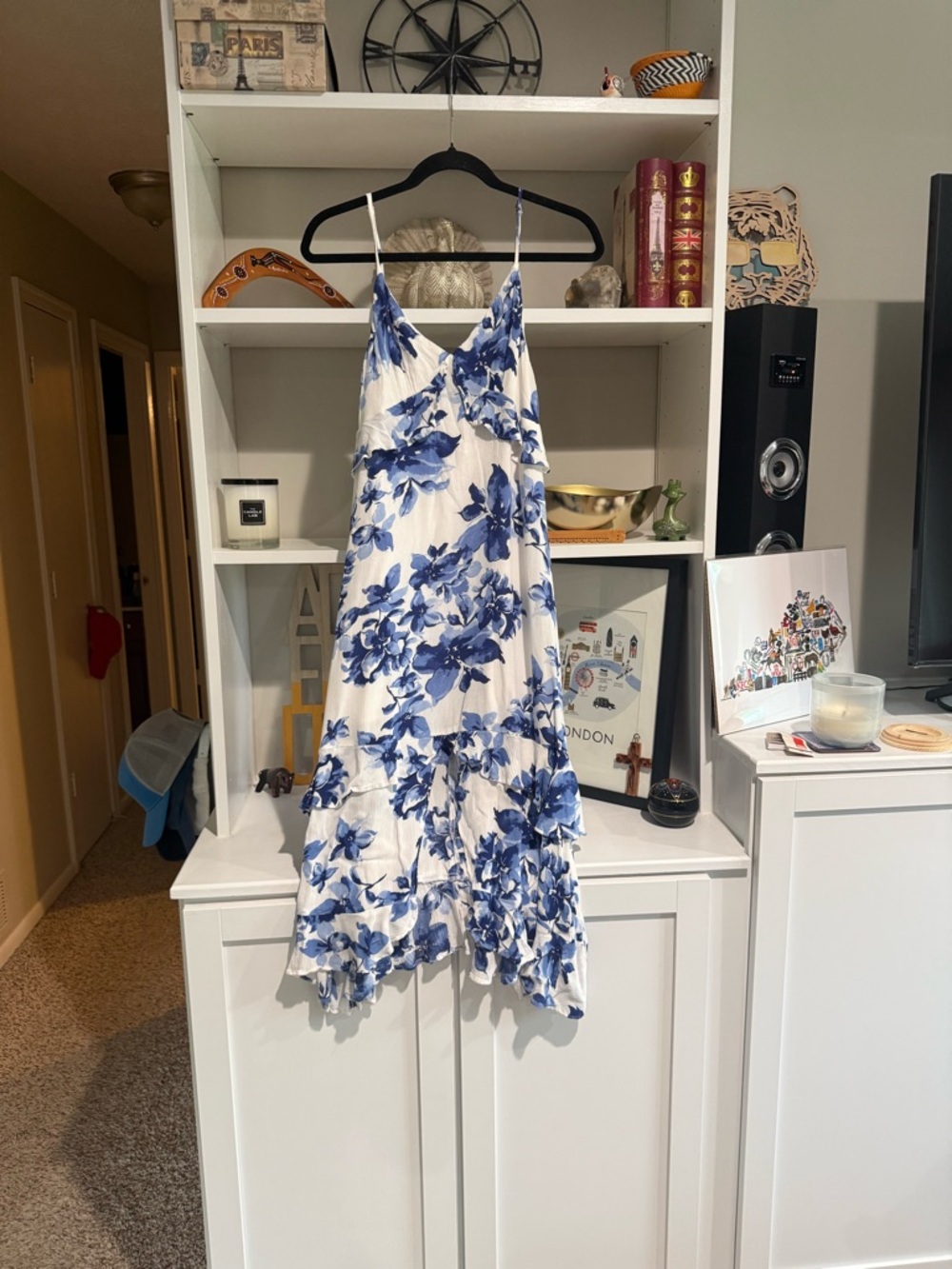 Lulu's White Midi Dress with Blue Floral Print
